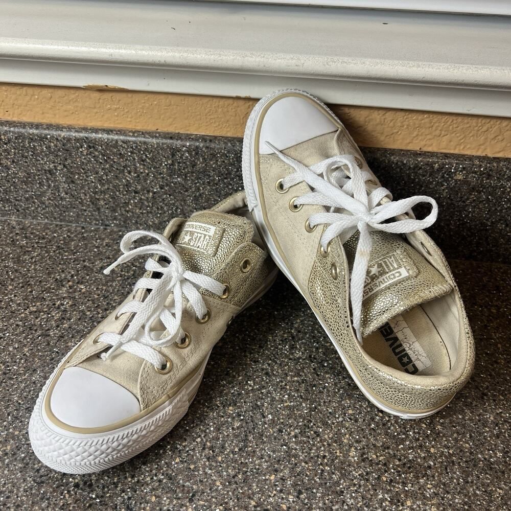 Converse All Star Low Top Women's Sz 6 Canvas/Leather Cream Gold Sneaker Lace Up
